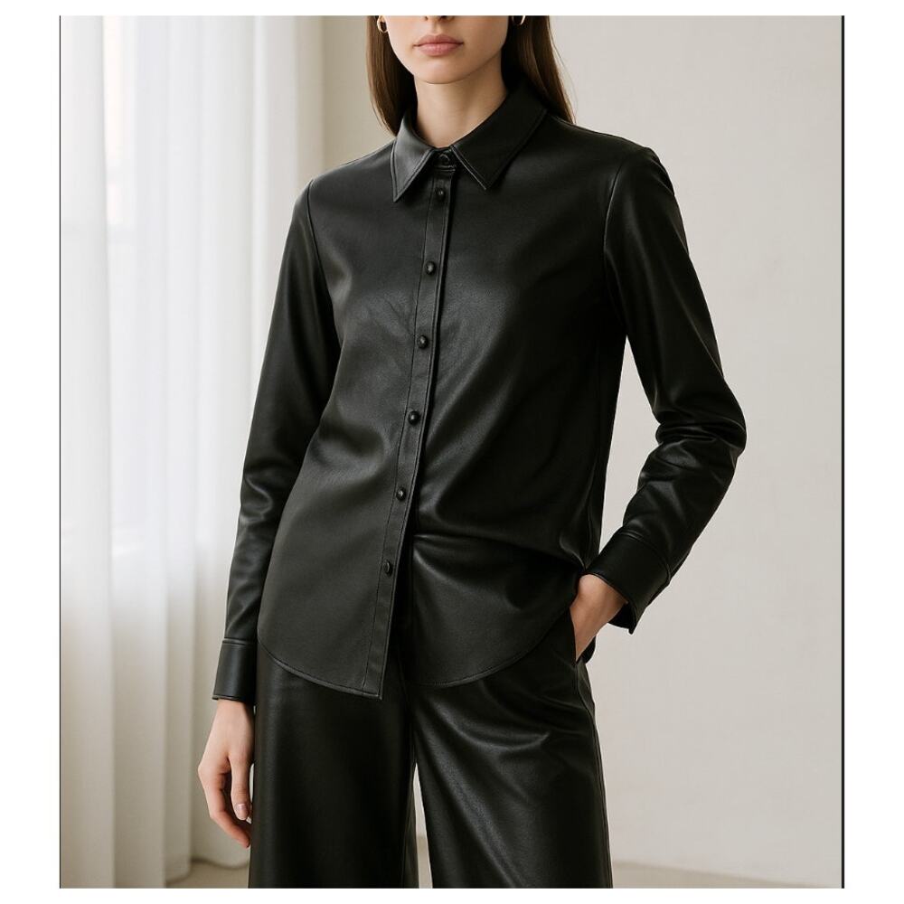 The‎ Kooples Faux Leather Button Up Blouse Size 2 Black Long Sleeve